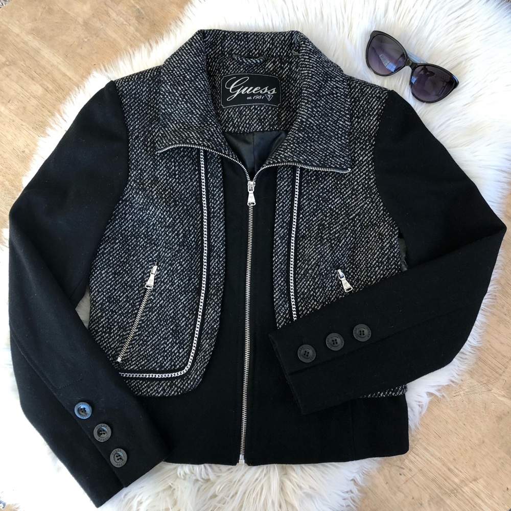 Guess Tweed Wool Black Zipper Jacket Petite Small